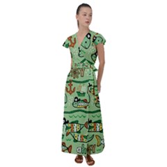 Seamless-pattern-fishes-pirates-cartoon Flutter Sleeve Maxi Dress by uniart180623