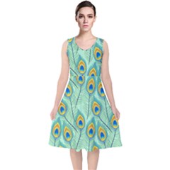 Lovely-peacock-feather-pattern-with-flat-design V-neck Midi Sleeveless Dress 