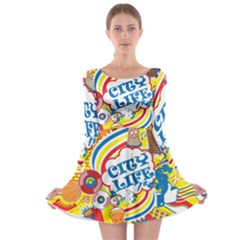 Colorful-city-life-horizontal-seamless-pattern-urban-city Long Sleeve Skater Dress