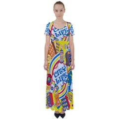 Colorful-city-life-horizontal-seamless-pattern-urban-city High Waist Short Sleeve Maxi Dress