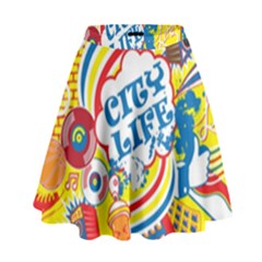 Colorful-city-life-horizontal-seamless-pattern-urban-city High Waist Skirt by uniart180623