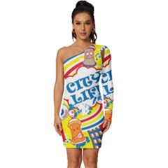 Colorful-city-life-horizontal-seamless-pattern-urban-city Long Sleeve One Shoulder Mini Dress by uniart180623