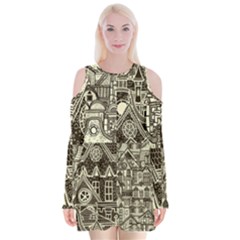 Four-hand-drawn-city-patterns Velvet Long Sleeve Shoulder Cutout Dress by uniart180623
