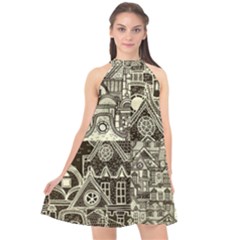 Four-hand-drawn-city-patterns Halter Neckline Chiffon Dress  by uniart180623