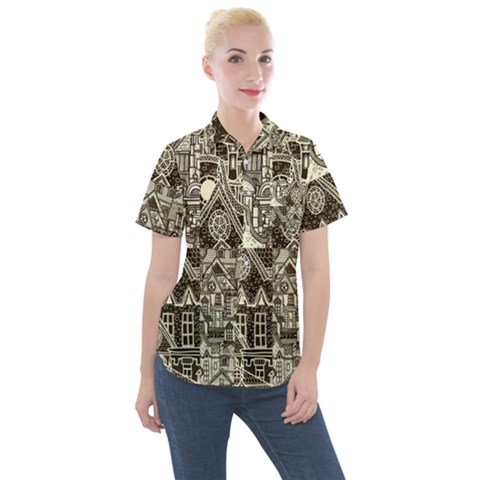 Four-hand-drawn-city-patterns Women s Short Sleeve Pocket Shirt by uniart180623