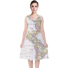 Vintage Map Of The Americas V-neck Midi Sleeveless Dress 