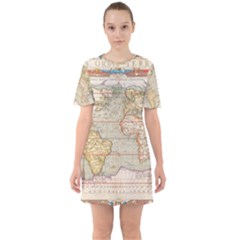 Old World Map Of Continents The Earth Vintage Retro Sixties Short Sleeve Mini Dress by uniart180623