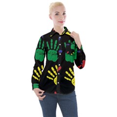 Handprints-hand-print-colourful Women s Long Sleeve Pocket Shirt