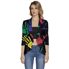 Handprints-hand-print-colourful Women s 3/4 Sleeve Ruffle Edge Open Front Jacket by uniart180623