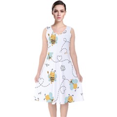 Bee Art Pattern Design Wallpaper Background Print V-neck Midi Sleeveless Dress 