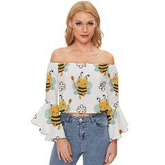 Art Bee Pattern Design Wallpaper Background Off Shoulder Flutter Bell Sleeve Top by uniart180623