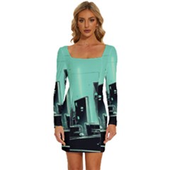 Buildings City Urban Destruction Background Long Sleeve Square Neck Bodycon Velvet Dress by uniart180623