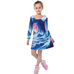 Storm Tsunami Waves Ocean Sea Nautical Nature Kids  Long Sleeve Velvet Dress by uniart180623