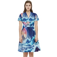 Storm Tsunami Waves Ocean Sea Nautical Nature Short Sleeve Waist Detail Dress by uniart180623