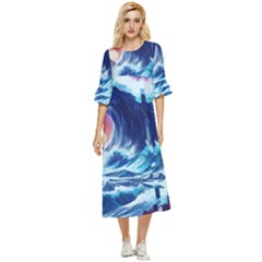 Storm Tsunami Waves Ocean Sea Nautical Nature Double Cuff Midi Dress by uniart180623