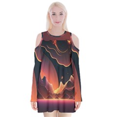 Fire Flame Burn Hot Heat Light Burning Orange Velvet Long Sleeve Shoulder Cutout Dress by uniart180623