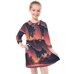 Fire Flame Burn Hot Heat Light Burning Orange Kids  Quarter Sleeve Shirt Dress by uniart180623