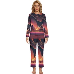 Fire Flame Burn Hot Heat Light Burning Orange Womens  Long Sleeve Lightweight Pajamas Set