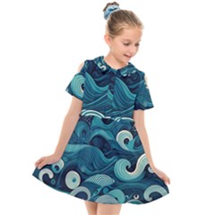 Waves Ocean Sea Abstract Whimsical Abstract Art Kids  Short Sleeve Shirt Dress by uniart180623