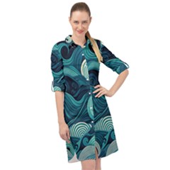 Waves Ocean Sea Abstract Whimsical Abstract Art Long Sleeve Mini Shirt Dress by uniart180623