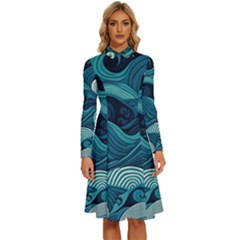 Waves Ocean Sea Abstract Whimsical Abstract Art Long Sleeve Shirt Collar A-line Dress by uniart180623