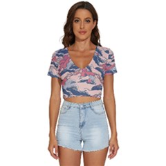 Waves Ocean Sea Water Pattern Rough Seas V-neck Crop Top by uniart180623