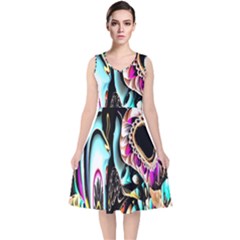 Garden Flower Nature Digital Art Abstract V-neck Midi Sleeveless Dress 