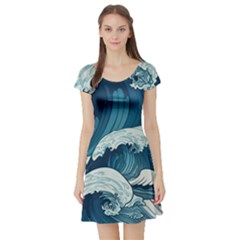 Waves Ocean Sea Pattern Water Tsunami Rough Seas Short Sleeve Skater Dress by uniart180623