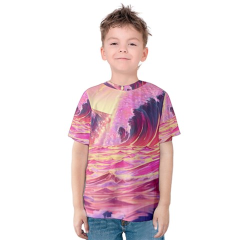 Waves Ocean Sea Tsunami Nautical Red Yellow Kids  Cotton Tee by uniart180623