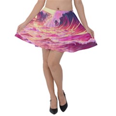 Waves Ocean Sea Tsunami Nautical Red Yellow Velvet Skater Skirt by uniart180623