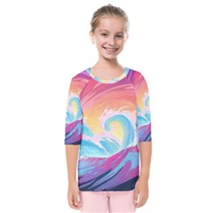 Waves Ocean Sea Tsunami Nautical Kids  Quarter Sleeve Raglan Tee