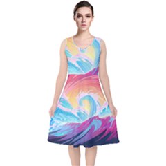 Waves Ocean Sea Tsunami Nautical V-Neck Midi Sleeveless Dress 