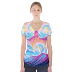 Waves Ocean Sea Tsunami Nautical Short Sleeve Front Detail Top