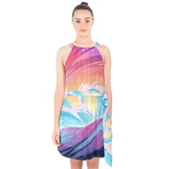 Waves Ocean Sea Tsunami Nautical Halter Collar Waist Tie Chiffon Dress by uniart180623