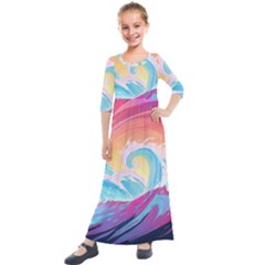 Waves Ocean Sea Tsunami Nautical Kids  Quarter Sleeve Maxi Dress