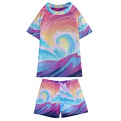 Waves Ocean Sea Tsunami Nautical Kids  Swim Tee And Shorts Set by uniart180623