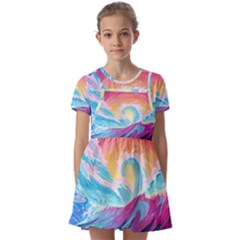 Waves Ocean Sea Tsunami Nautical Kids  Short Sleeve Pinafore Style Dress