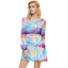 Waves Ocean Sea Tsunami Nautical Tiered Long Sleeve Mini Dress