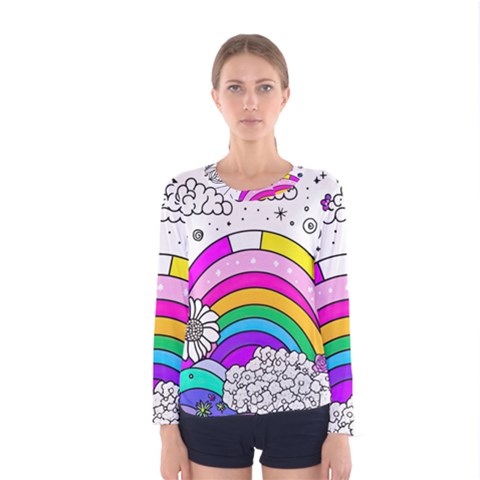 Rainbow Fun Cute Minimal Doodle Drawing Art Women s Long Sleeve Tee by uniart180623