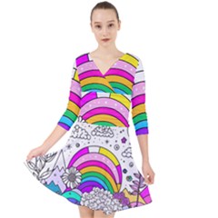 Rainbow Fun Cute Minimal Doodle Drawing Art Quarter Sleeve Front Wrap Dress by uniart180623