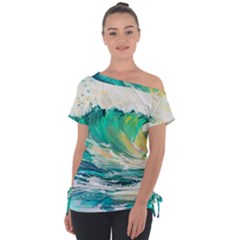 Waves Ocean Sea Tsunami Nautical Art Off Shoulder Tie-up Tee