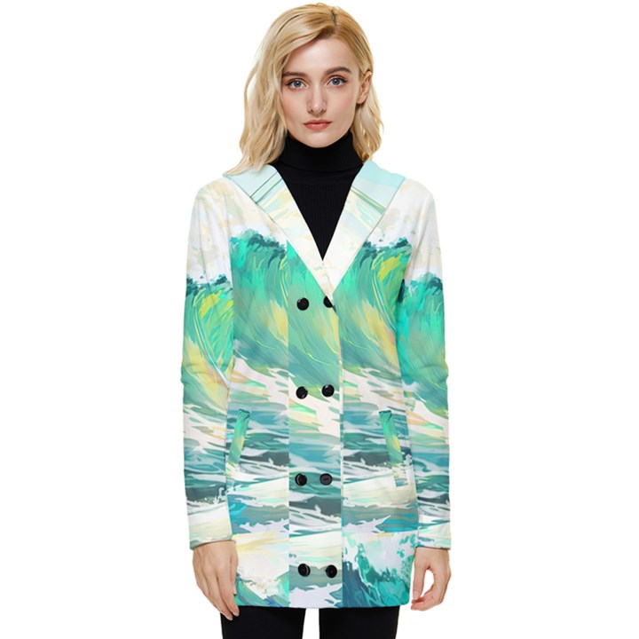 Waves Ocean Sea Tsunami Nautical Art Button Up Hooded Coat 