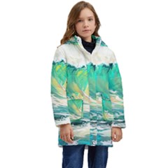 Waves Ocean Sea Tsunami Nautical Art Kids  Hooded Longline Puffer Jacket by uniart180623