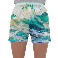 Waves Ocean Sea Tsunami Nautical Art Sleepwear Shorts by uniart180623