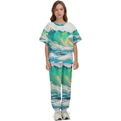 Waves Ocean Sea Tsunami Nautical Art Kids  Tee And Pants Sports Set by uniart180623