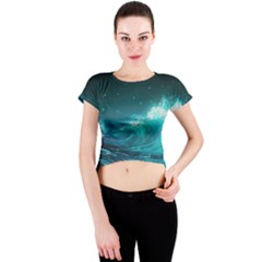 Tsunami Waves Ocean Sea Nautical Nature Water Crew Neck Crop Top by uniart180623