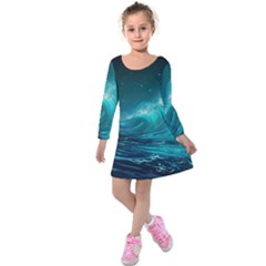 Tsunami Waves Ocean Sea Nautical Nature Water Kids  Long Sleeve Velvet Dress by uniart180623