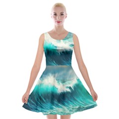 Waves Ocean Sea Tsunami Nautical Painting Velvet Skater Dress by uniart180623