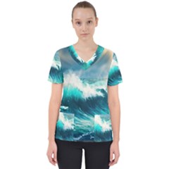 Waves Ocean Sea Tsunami Nautical Painting Women s V-neck Scrub Top