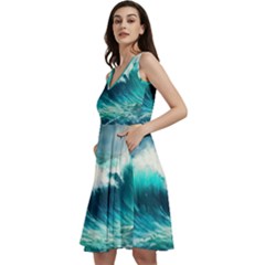 Waves Ocean Sea Tsunami Nautical Painting Sleeveless V-neck Skater Dress With Pockets by uniart180623